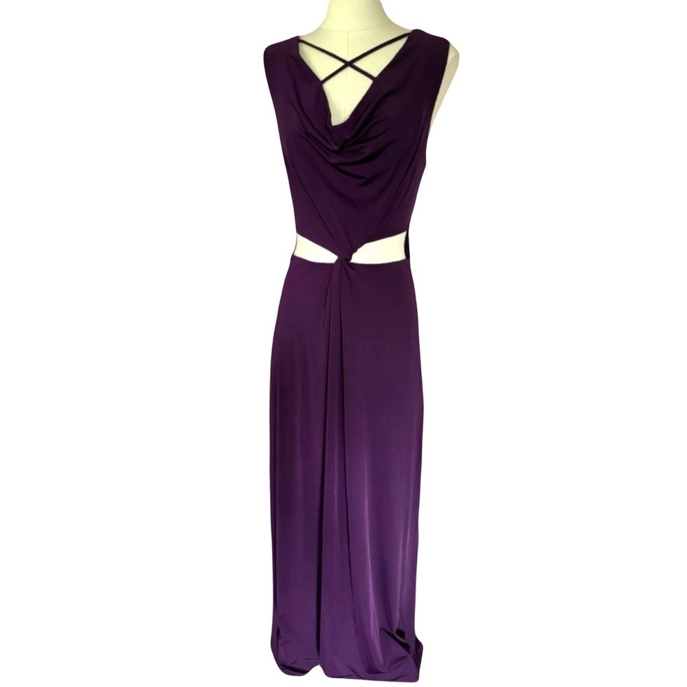 BEBE NWT women’s purple jersey gown dress with waist cutout and cross neckline
